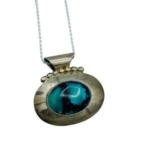 Vintage Sterling Silver Turquoise Pendant Necklace Southwestern Oval 925 Unique